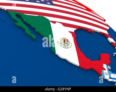 Mappa del Messico sul globo terrestre con embedded bandiere di paesi. 3D'illustrazione. Foto Stock