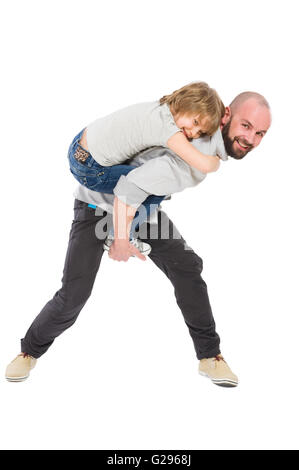 Fase padre giocando con la figlia concetto su sfondo bianco Foto Stock