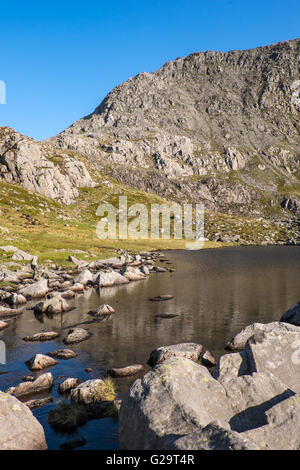 Glyder Fach nella Snowdonia, il Galles del Nord. Ispido Ridge si alza dal col sulla sinistra Foto Stock