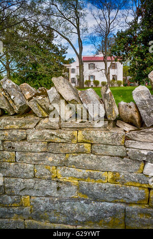 Il Belle Meade Plantation Mansion è protetto da alberi e racchiusa da una pietra a secco con parete capstones verticale in Nashville TN Foto Stock