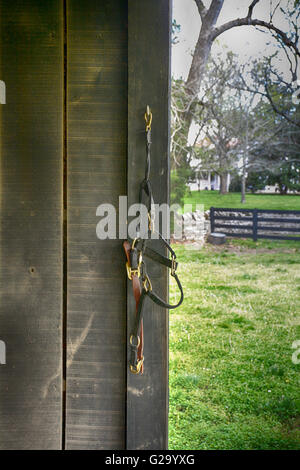 Ottone, pelle e tessuto cavallo pende del cavo sul gancio del muro del granaio con un recinto, muro di pietra e bianco casa colonnato a distanza Foto Stock