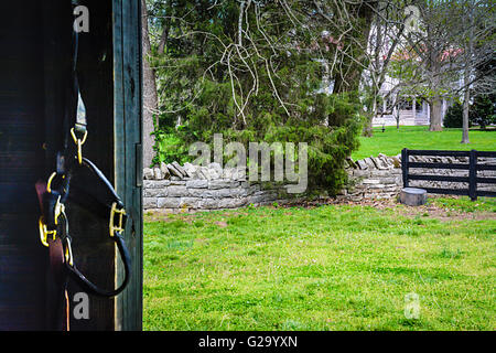 Ottone, pelle e tessuto cavallo pende del cavo sul gancio del muro del granaio con un recinto, muro di pietra e bianco casa colonnato a distanza Foto Stock