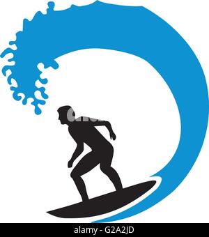 Surfer in sella a una grande onda Illustrazione Vettoriale