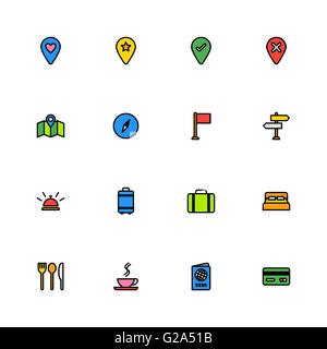 [JPEG] coloratissima linea travel icon set per il web design, UI ed infografico e le applicazioni per dispositivi mobili Foto Stock