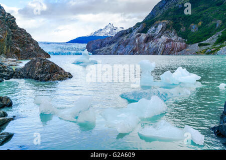 Iceberg sul lago grigio incrinato dal ghiacciaio Grey nel Parco Nazionale Torres del Paine Cile Foto Stock