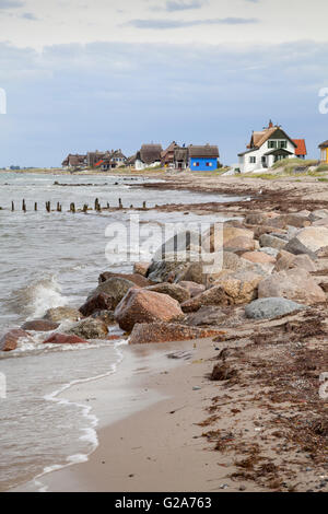 Cottage con tetti di paglia sulla costa, Graswarder penisola, Heiligenhafen, Schleswig-Holstein, Germania Foto Stock