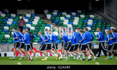 In Irlanda del Nord la Kyle Lafferty (centro) guarda indietro ridendo, durante una sessione di formazione a Windsor Park di Belfast. Foto Stock