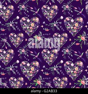 Dipinte a mano e acquerello seamless texture con fiori estivi e cuori per la carta e il design tessile Foto Stock