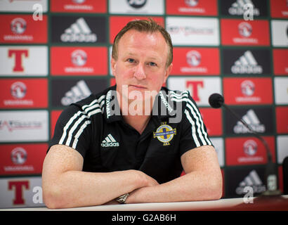 Irlanda del Nord manger Michael O'Neill nel corso di una conferenza stampa al Windsor Park di Belfast. Foto Stock