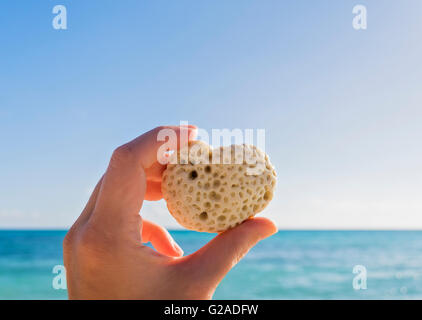 Mano che tiene a forma di cuore guscio contro il mare e il cielo blu Foto Stock