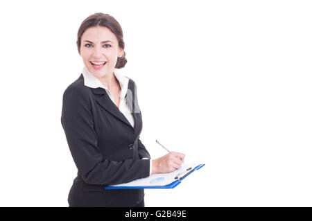 Sorridenti business donna o manager finanziario holding negli appunti e scrittura isolati su sfondo bianco Foto Stock