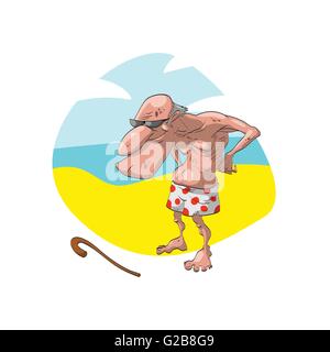 Colorata illustrazione vettoriale di un calvo uomo vecchio, il nonno, sulla spiaggia, indossare pantaloncini vecchio e occhiali da sole. Con un sorriso cattivo Illustrazione Vettoriale