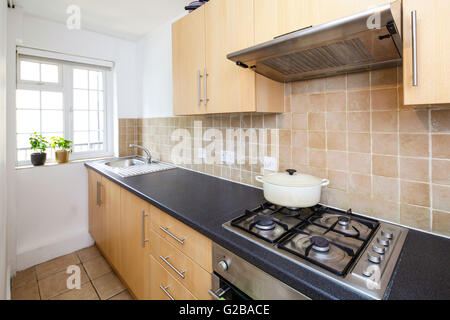 Creighton House, a nord di Londra. Fresco e pulire la cucina con armadi in legno nero e piani di lavoro. Il design contemporaneo. Foto Stock