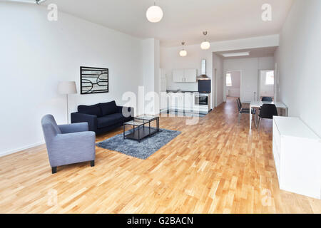 Conversione di Dach o soppalco in Reichenberger Strasse, Kreuzberg. Modern open plan loft living. Vista di un contemporaneo di un soggiorno e di una cucina con tavolo da pranzo. Pavimenti in legno e pareti bianche. Decorazione Minimal. Foto Stock