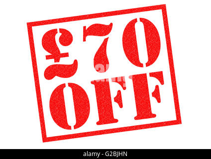£70 OFF rosso timbro di gomma su uno sfondo bianco. Foto Stock