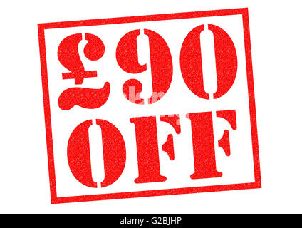 £90 OFF rosso timbro di gomma su uno sfondo bianco. Foto Stock