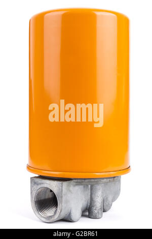 Colore arancione hydraulik filtro olio closeup isolato su bianco Foto Stock