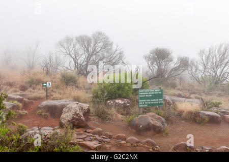 Un segnale di avvertimento e posare il marcatore in una fitta nebbia sulla rupe Lizard sentiero vicino alla valle della desolazione viewpoint Foto Stock