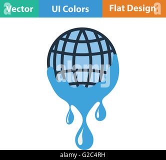 Il pianeta con un flusso di acqua verso il basso e la relativa icona. Design piatto. Illustrazione Vettoriale. Illustrazione Vettoriale