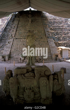 Stela M e la scala geroglifica, Copan rovine, sito archeologico della civiltà Maya nel dipartimento di Copan, Honduras Foto Stock