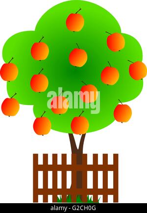 Melo, vettore,apple tree e recinzione, Illustrazione Vettoriale