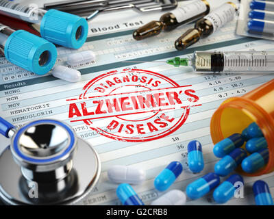 La malattia di Alzheimer diagnosi. Timbro, stetoscopio, siringa, esame del sangue e pillole sulla clipboard con referto medico. 3d illustr Foto Stock