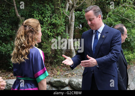 Primo Ministro britannico David Cameron chat con Sophie Gregoire-Trudeau, moglie del Canada il Primo Ministro Justin Trudeau, durante un autonomo veicolo dimostrativo sul margine del Vertice G7 Maggio 26, 2016 in Shima, Prefettura di Mie, Giappone. Foto Stock