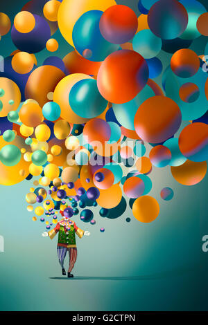 Funny clown con palloncini colorati, Illustrazione tecnica Foto Stock
