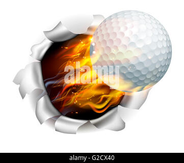 Una illustrazione di una masterizzazione flaming pallina da golf sul fuoco la lacerazione di un foro in background Foto Stock