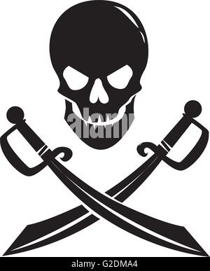 Black skull con spade isolati su sfondo bianco. Illustrazione Vettoriale