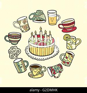 Biglietto di auguri con doodle disegnati a mano torta e tazze di tè. Illustrazione Vettoriale
