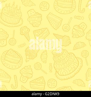 Modello senza cuciture con dolci su sfondo giallo. Illustrazione Vettoriale