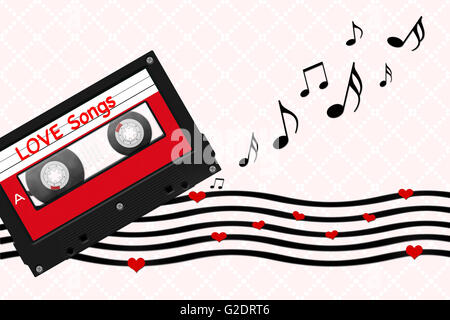 Cassetta a nastro illustrazione con love song messaggio, foglio di musica e forme di cuore su vintage sfondo rosa Foto Stock