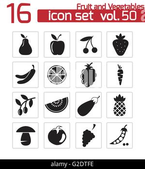 Nero di vettore di frutta e verdura set di icone su sfondo bianco Illustrazione Vettoriale