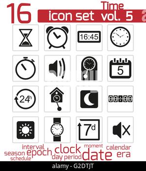 Vettore tempo nero e icone di orologio su sfondo bianco Illustrazione Vettoriale