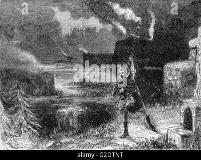 Tenendo il fuoco croce per il gruppo delle Highland Clan, prima della battaglia di Pinkie Cleugh, ha avuto luogo il 10 settembre 1547 nei pressi del fiume Esk vicino a Musselburgh, East Lothian, Scozia. Essa è stata l'ultima battaglia si accamparono tra scozzese ed eserciti inglese e una grave sconfitta per la Scozia, dove divenne noto come nero sabato. Foto Stock