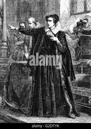 Maria, Regina degli Scozzesi, aka Maria Stuart che protestavano contro i commissari nominati per indagare la sua condotta nel 1568 Foto Stock