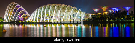 La riflessione di acqua durante la notte, Super alberi, fiore Dome, Cloud Forest, giardini, giardini dalla baia di Marina Bay, Downtown Core Foto Stock