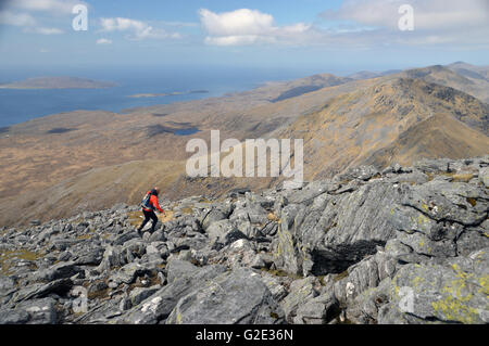 Maschio di Lone Hill Walker sul vertice del Corbett un Cliseam (Clisham) Nord Harris, Western Isles della Scozia, Regno Unito Foto Stock