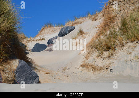 Lewisian Gneiss rocce nelle dune di sabbia su Uig Bay (Camas Uig) sul Nord Harris, Ebridi Esterne, Western Isles, Scotland, Regno Unito Foto Stock