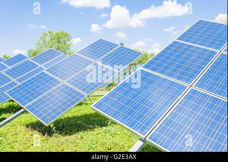 Pannelli solari collocati su un prato di campagna. Foto Stock