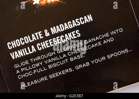 Ricercatori di piacere afferra il tuo cucchiai - informazioni sulla casella di Gu Cioccolato & Madagascan Vanilla cheesecake Foto Stock