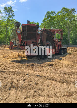 Un grande massiccio rosso macchina utilizzata per abbattere alberi, ma anche sembrano avere una faccia con gli occhi Foto Stock