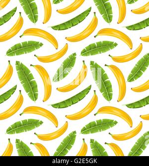 Modello senza cuciture con foglie di banano e frutti. Sfondo di cibo Illustrazione Vettoriale