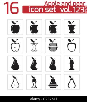 Nero di vettore di mela e pera set di icone su sfondo bianco Illustrazione Vettoriale