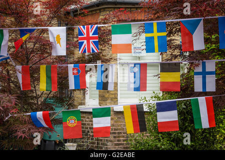 Windsor, Regno Unito. 29 Maggio, 2016. Una famiglia mostra il suo sostegno per la Gran Bretagna più forte in Europa campagna con bandiere e poster. Gran Bretagna il Referendum dell'UE avrà luogo il 23 giugno. Credito: Mark Kerrison/Alamy Live News Foto Stock