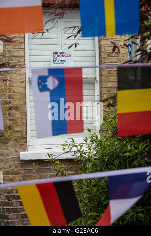 Windsor, Regno Unito. 29 Maggio, 2016. Una famiglia mostra il suo sostegno per la Gran Bretagna più forte in Europa campagna con bandiere e poster. Gran Bretagna il Referendum dell'UE avrà luogo il 23 giugno. Credito: Mark Kerrison/Alamy Live News Foto Stock