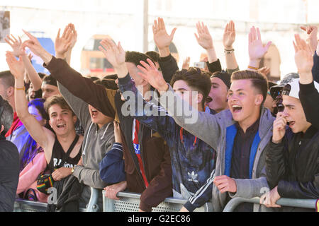 Leon, Spagna. 29 Maggio, 2016. Encurage pubblica durante la semifinale del freestyle battle 'RedBull Batalla de Los Gallos ('Battaglia dei Galli') a Piazza principale il 29 maggio 2016 a Leon, Spagna. Credito: David Gato/Alamy Live News Foto Stock