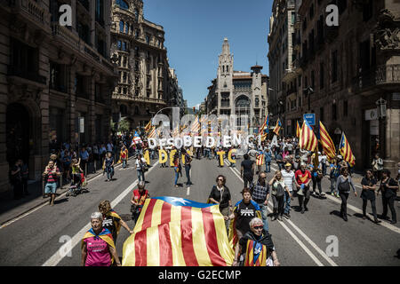 Barcellona, in Catalogna, Spagna. 29 Maggio, 2016. Pro-indipendenza contestatori marzo con un gigante di bandiera catalana per protestare contro gli appelli della Corte Costituzionale della Spagna e per l'indipendenza della Catalogna attraverso Barcellona © Matthias Oesterle/ZUMA filo/Alamy Live News Foto Stock