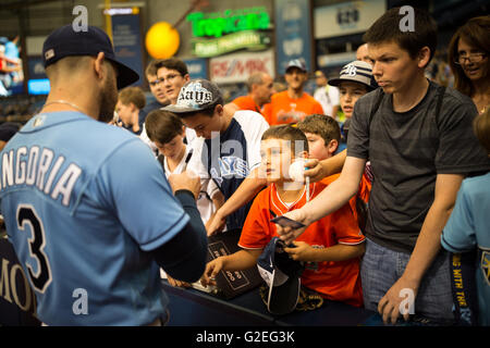 San Pietroburgo, Florida, Stati Uniti d'America. 29 Maggio, 2016. LOREN ELLIOTT | Orari .Tampa Bay Rays terzo baseman Evan Longoria (3) firma autografi per i fan prima di una partita di baseball tra il Tampa Bay Rays e New York Yankees al Tropicana in Campo San Pietroburgo, Fla., domenica 29 maggio, 2016. Credito: Loren Elliott/Tampa Bay volte/ZUMA filo/Alamy Live News Foto Stock